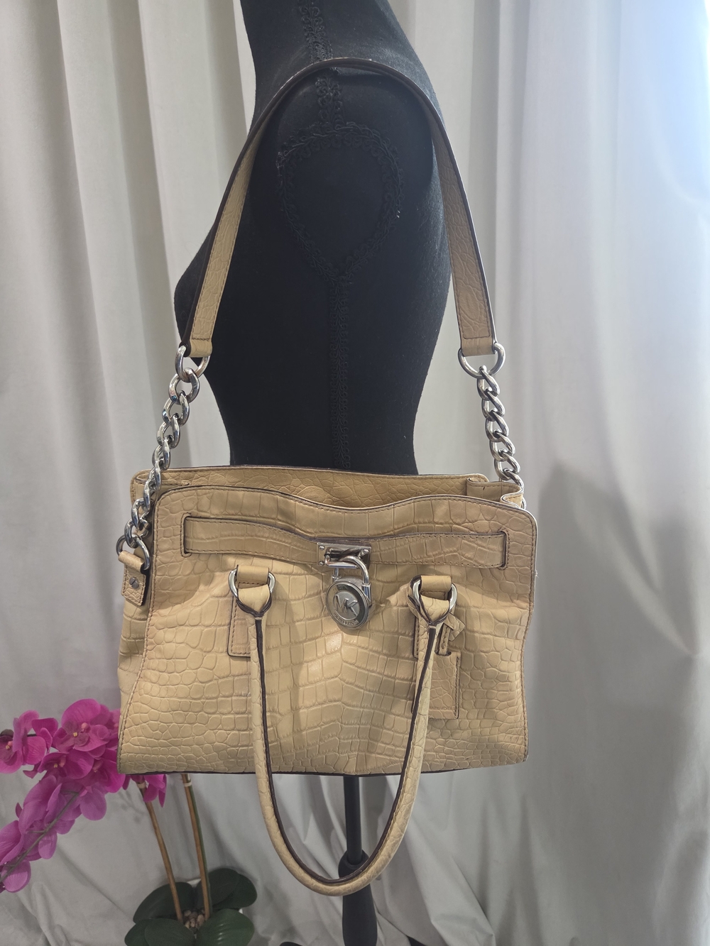 Michael Kors Beige Croc-Embossed Satchel with Silver Hardware